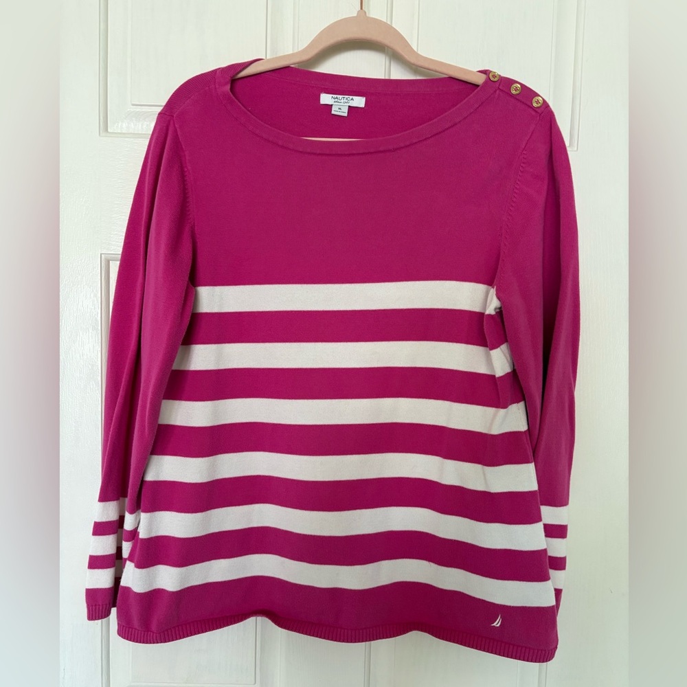 Vintage Nautica Pink and White Striped Sweater size XL